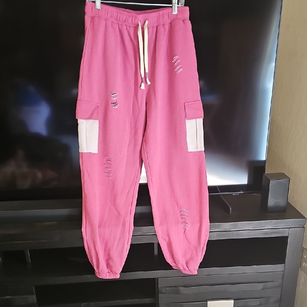 POL Womens Distressed Pink Joggers with Pockets